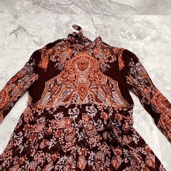 Free People Lady Luck Printed Tunic High Neck Bell Sleeve Tie Dress Sz XSmall XS - Picture 5 of 10